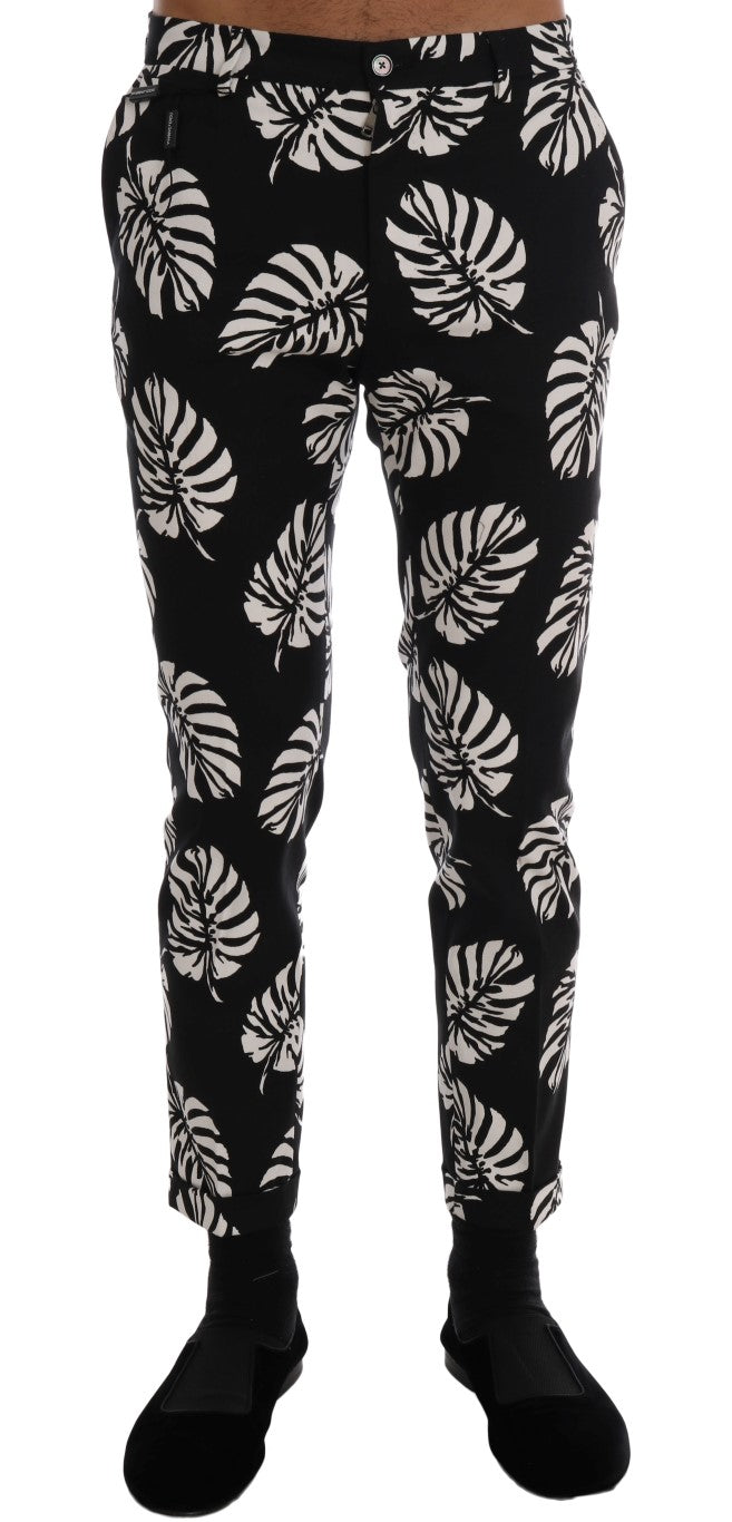 White Black Leaf Cotton Stretch Slim Pants