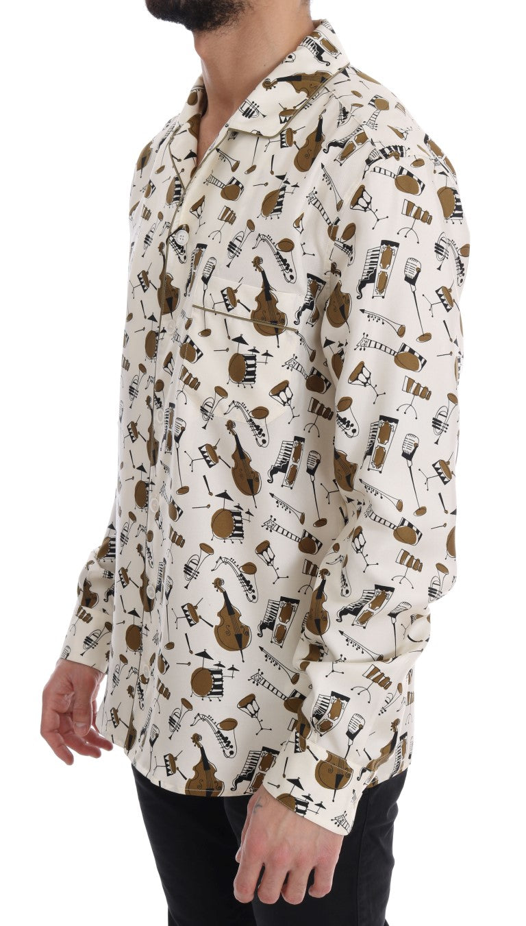 White Silk JAZZ Motive Print Shirt