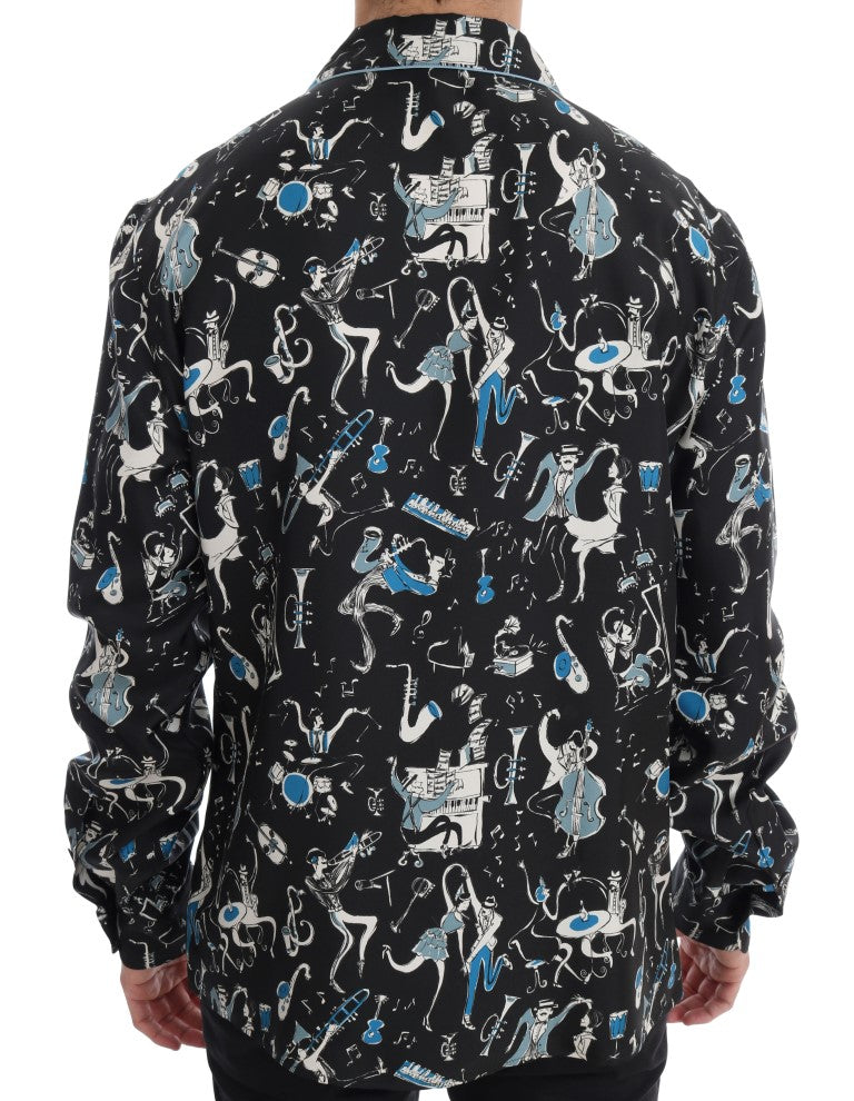 Black Silk JAZZ Motive Print Casual Shirt