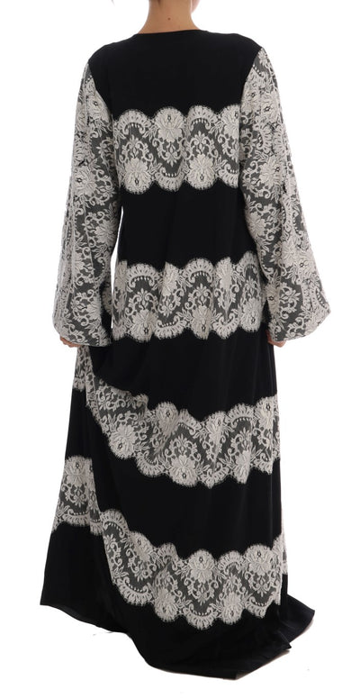 Black Silk Floral Lace Kaftan Dress