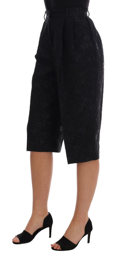 Black Brocade High Waist Capri Shorts