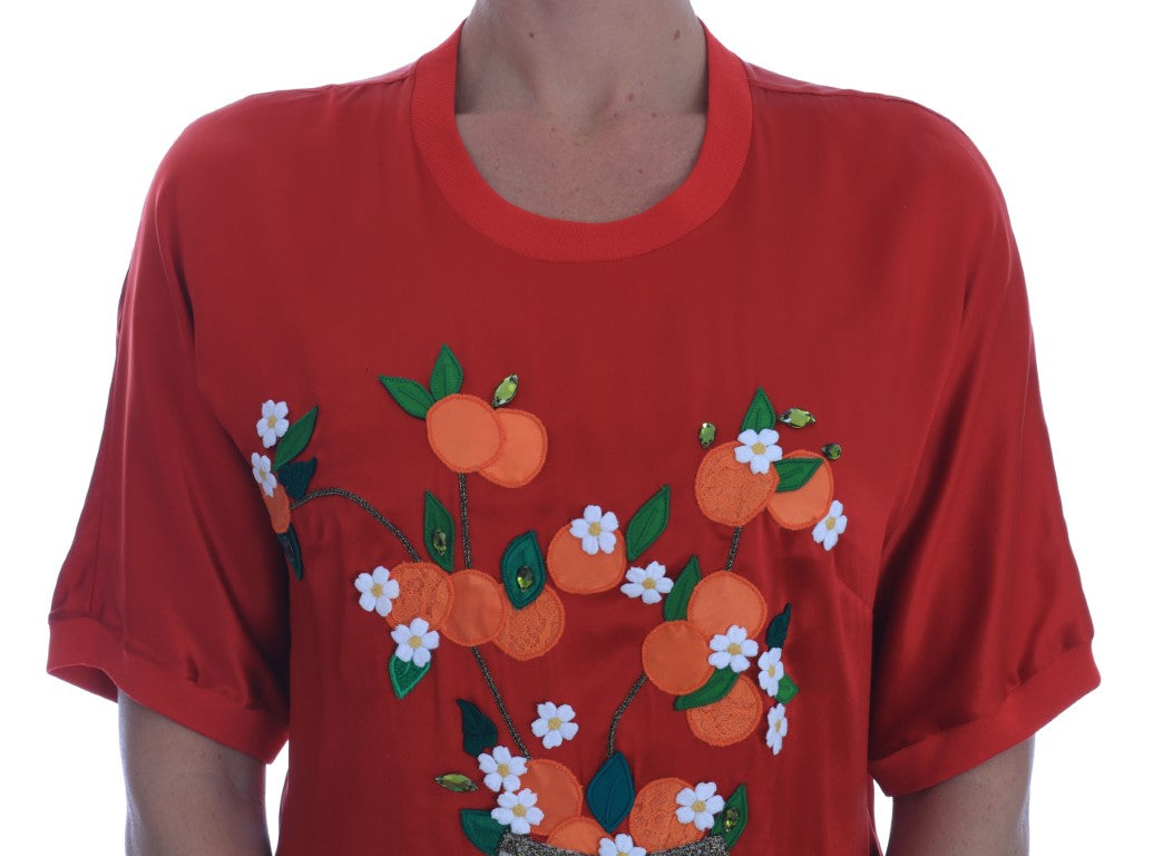 Red Silk Oranges Floral Crystal Blouse