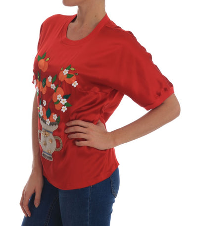 Red Silk Oranges Floral Crystal Blouse