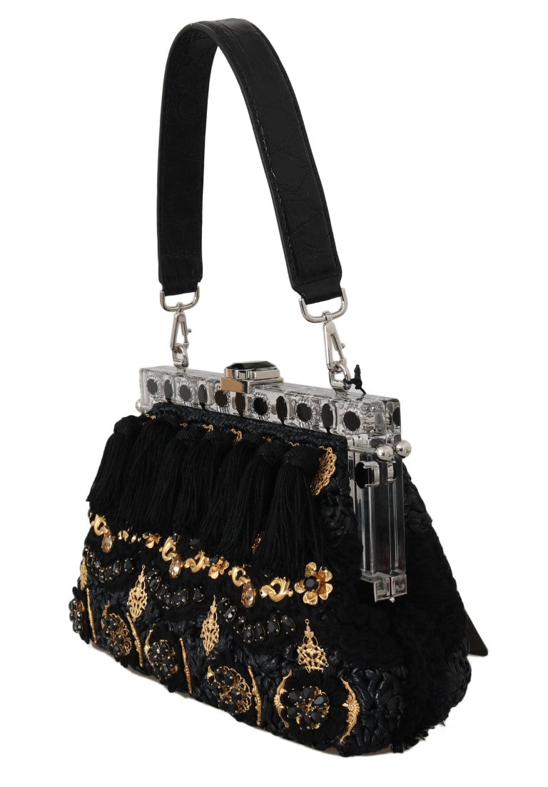 VANDA Black Crystal Tassel Gold Charms Party Bag