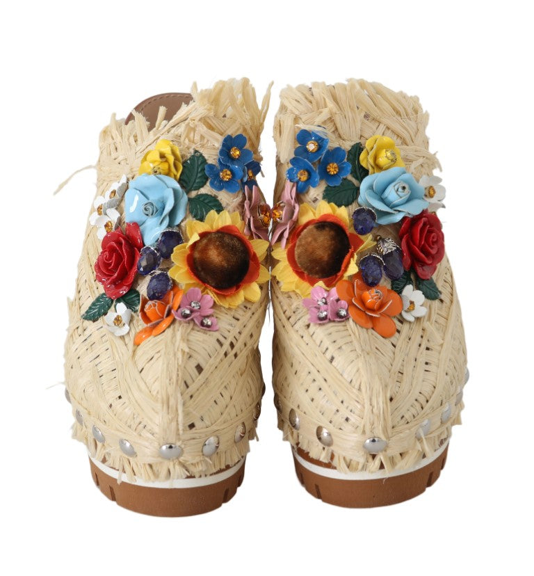 Beige Raffia Mules Floral Slides