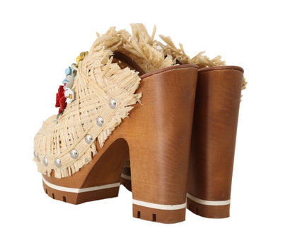 Beige Raffia Mules Floral Slides