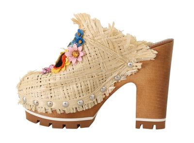 Beige Raffia Mules Floral Slides