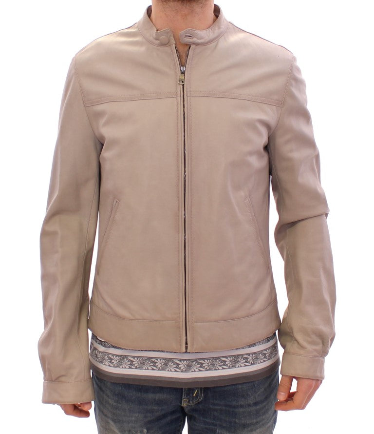 Beige Leather Jacket Biker Coat