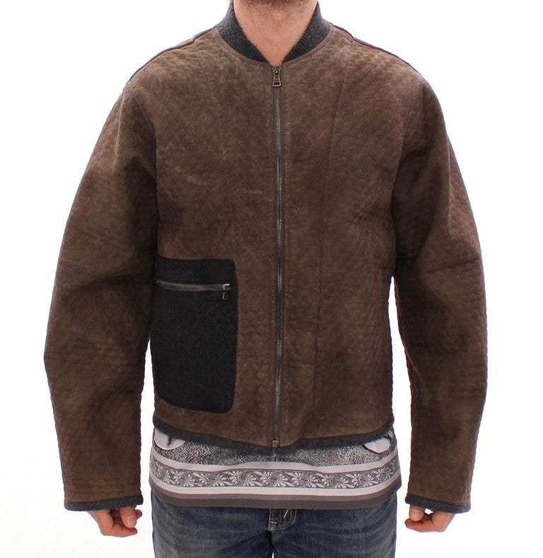 Brown Gray Leather Jacket Coat