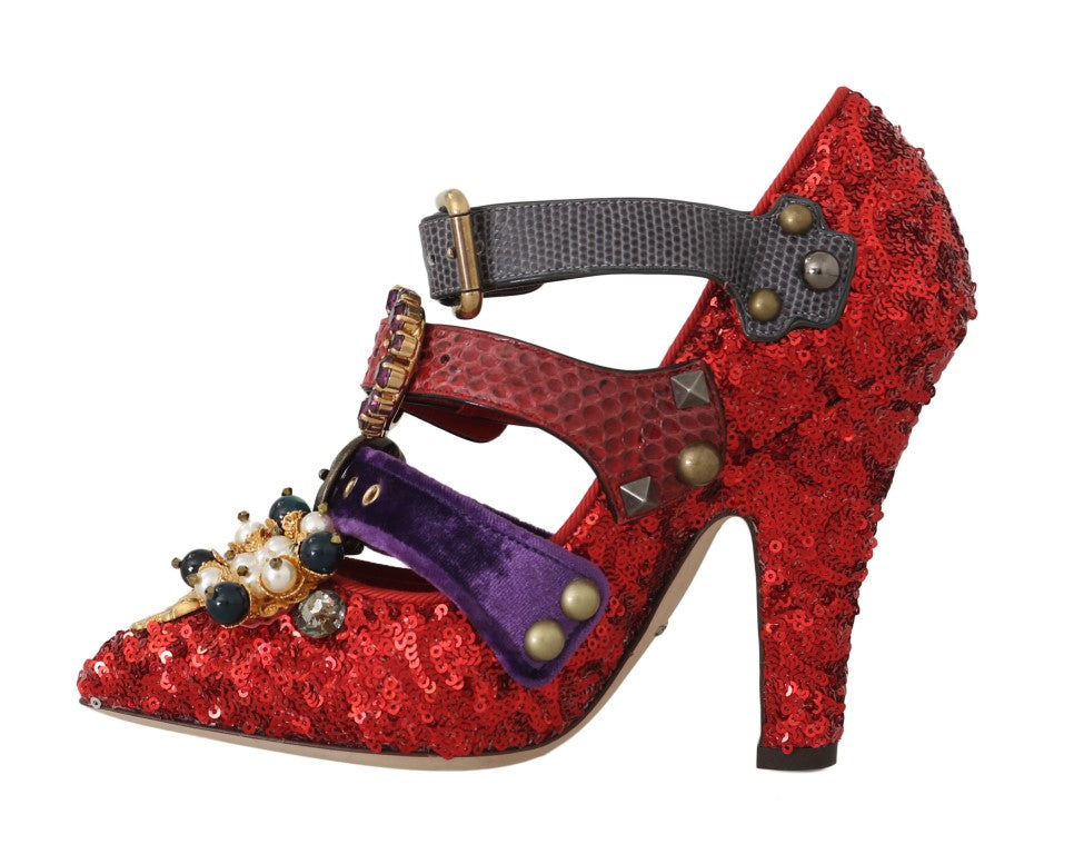 Red Sequined Crystal Studs Heels Shoes