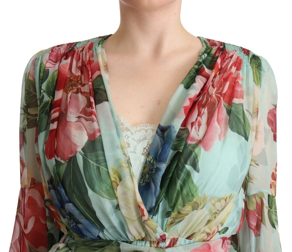 Multicolor Green Floral Silk Wrap Midi Dress