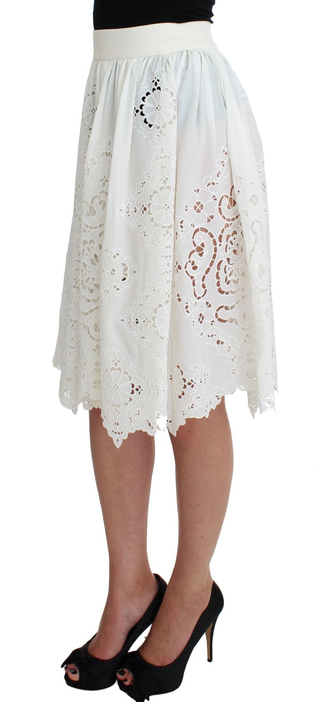 White Silk Floral Ricamo Knee Skirt