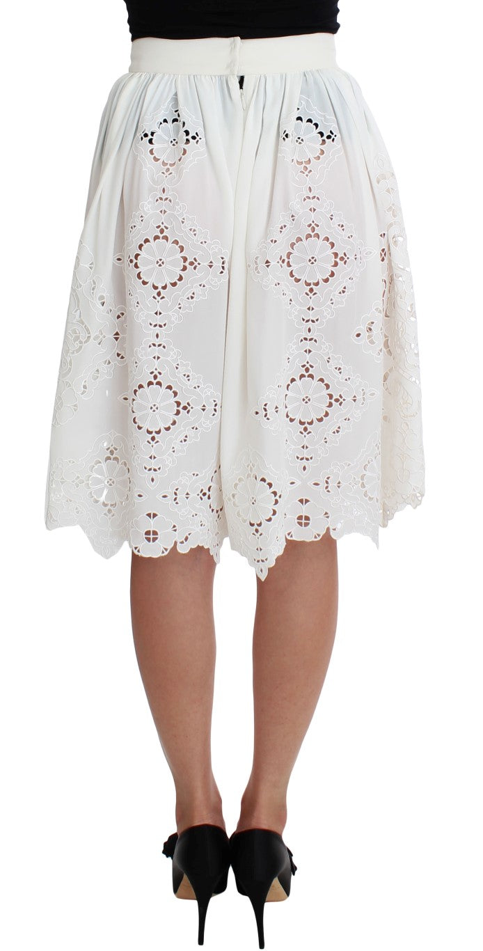 White Silk Floral Ricamo Knee Skirt