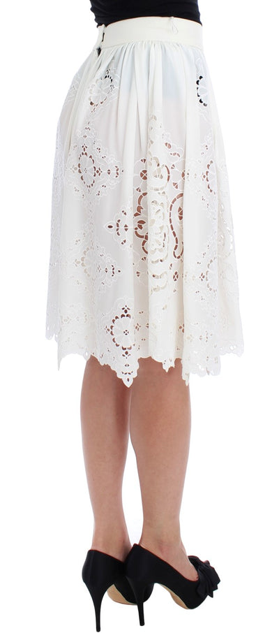 White Silk Floral Ricamo Knee Skirt