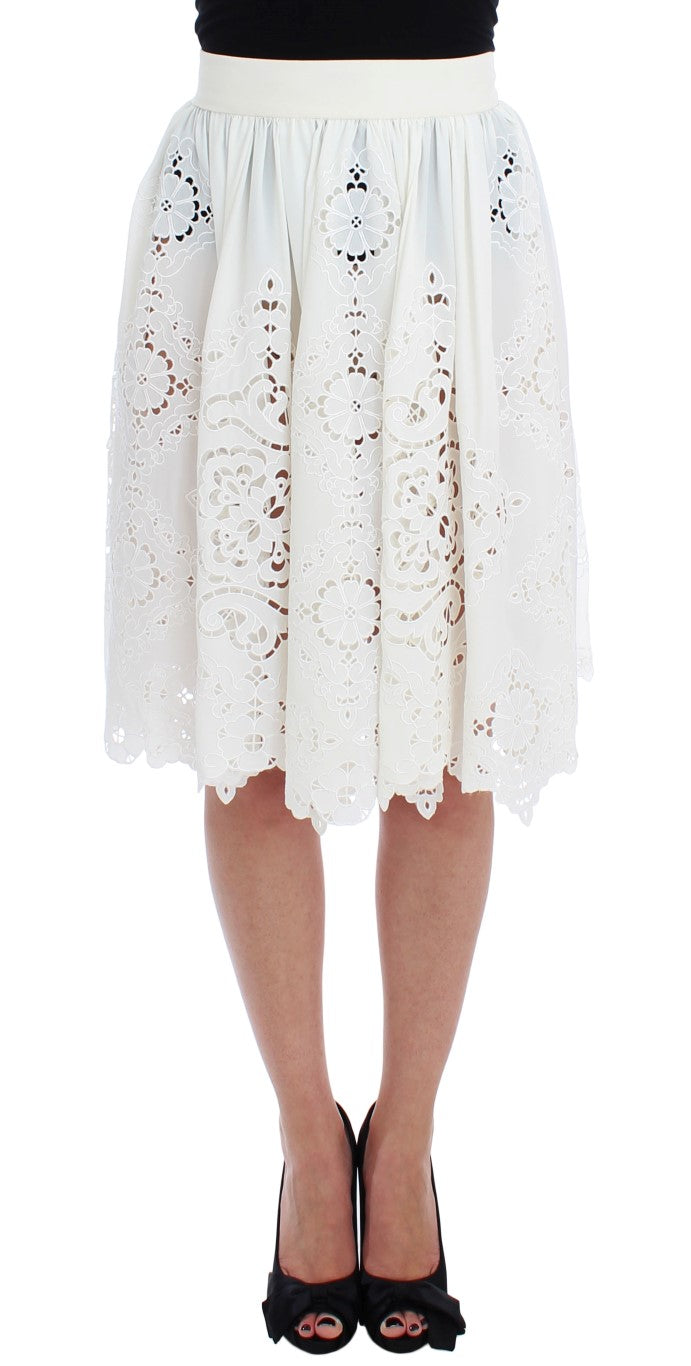 White Silk Floral Ricamo Knee Skirt