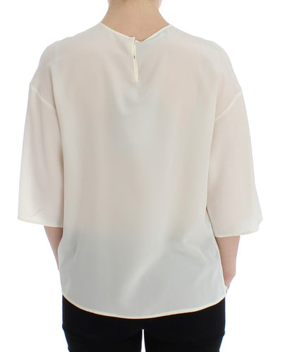 White Sequined Key Silk Blouse T-shirt Top