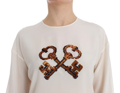 White Sequined Key Silk Blouse T-shirt Top