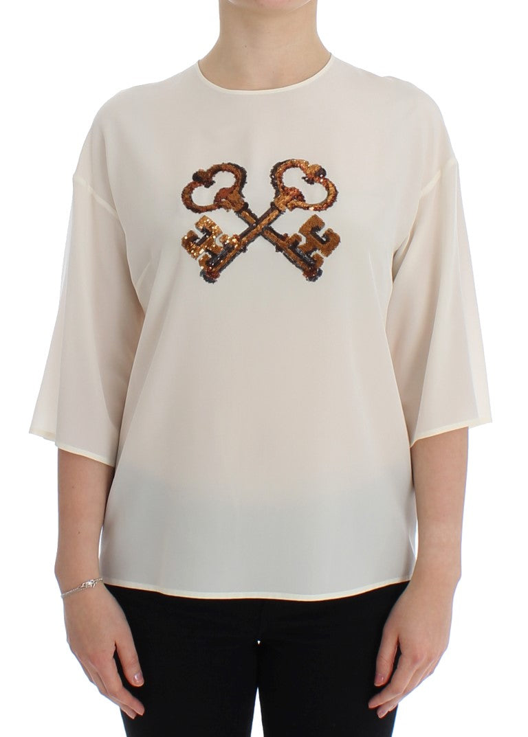 White Sequined Key Silk Blouse T-shirt Top