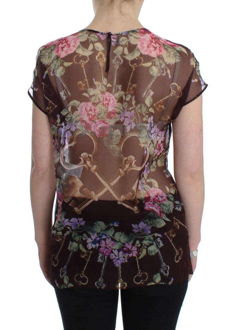 Black Key Floral Print Silk Blouse T-shirt