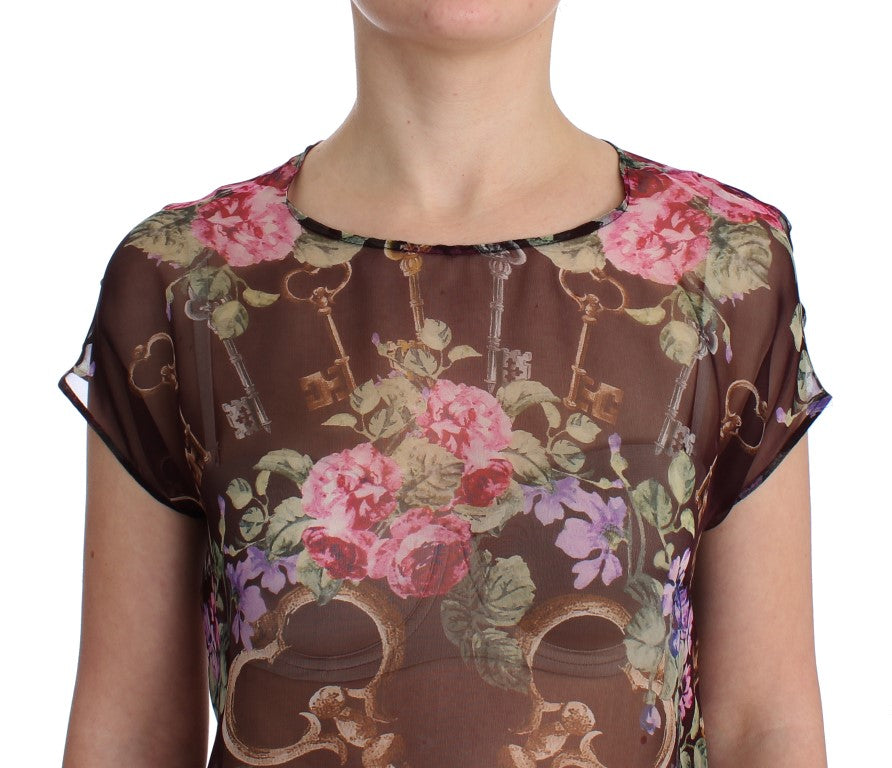 Black Key Floral Print Silk Blouse T-shirt