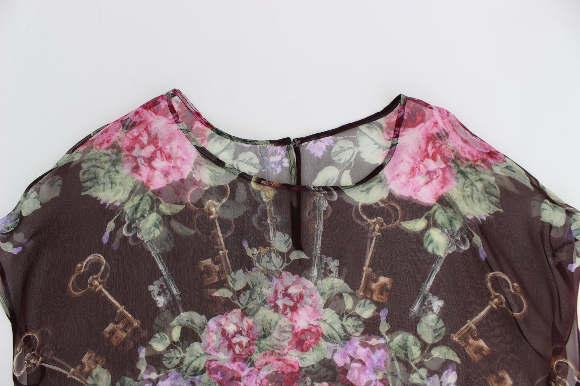 Black Key Floral Print Silk Blouse T-shirt