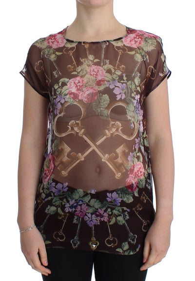 Black Key Floral Print Silk Blouse T-shirt