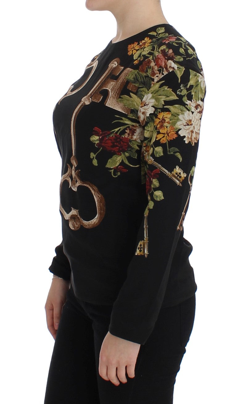 Black Key Floral Print Silk Blouse Top