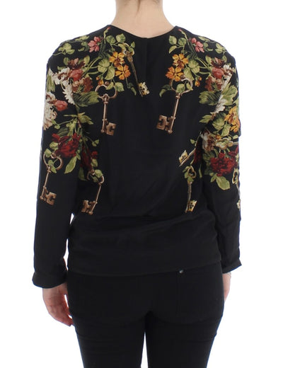 Black Key Floral Print Silk Blouse Top