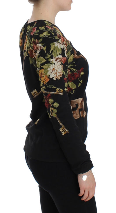 Black Key Floral Print Silk Blouse Top