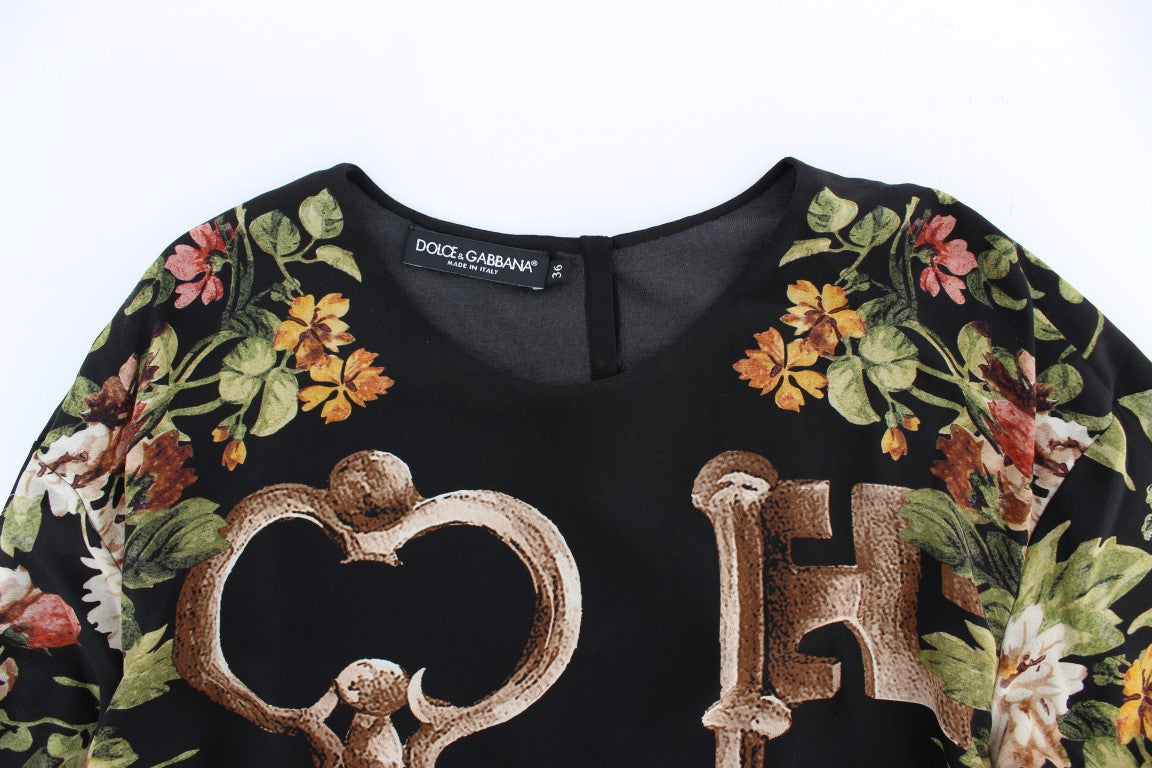 Black Key Floral Print Silk Blouse Top