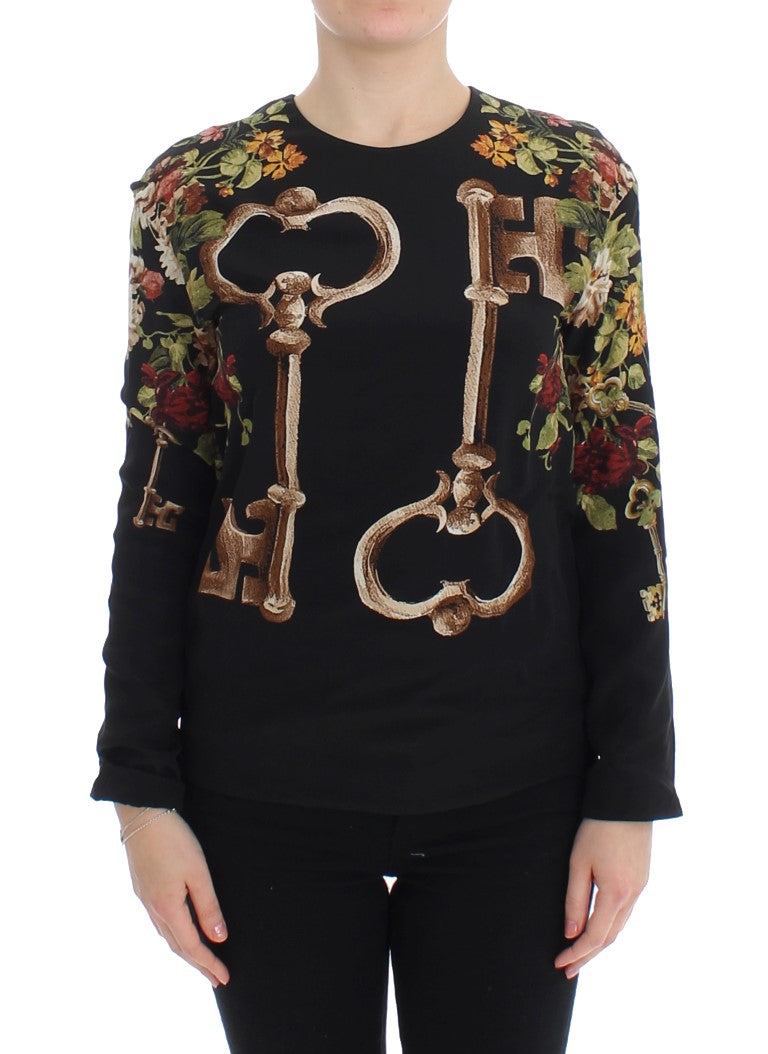 Black Key Floral Print Silk Blouse Top