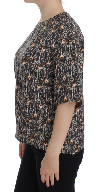 Gray Gold Key Print Silk Blouse T-shirt