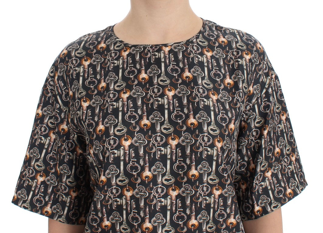 Gray Gold Key Print Silk Blouse T-shirt