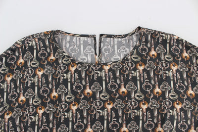 Gray Gold Key Print Silk Blouse T-shirt