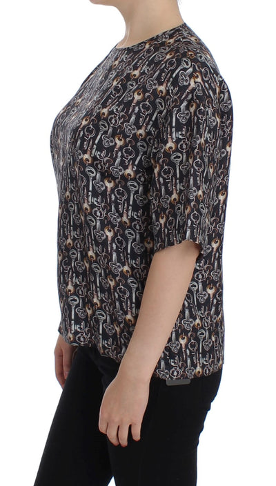 Gray Gold Key Print Silk Blouse T-shirt