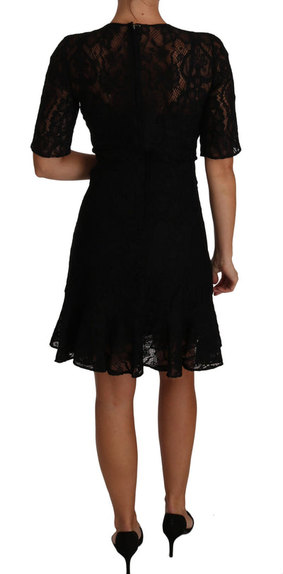 Black Floral Lace Sheath Short Sleeves Dress