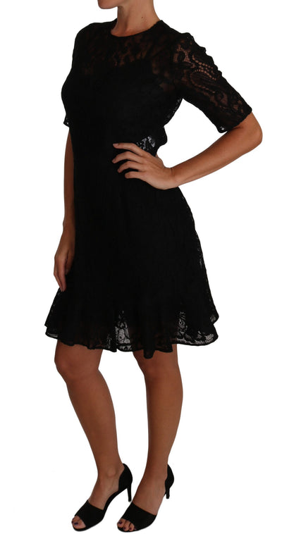 Black Floral Lace Sheath Short Sleeves Dress