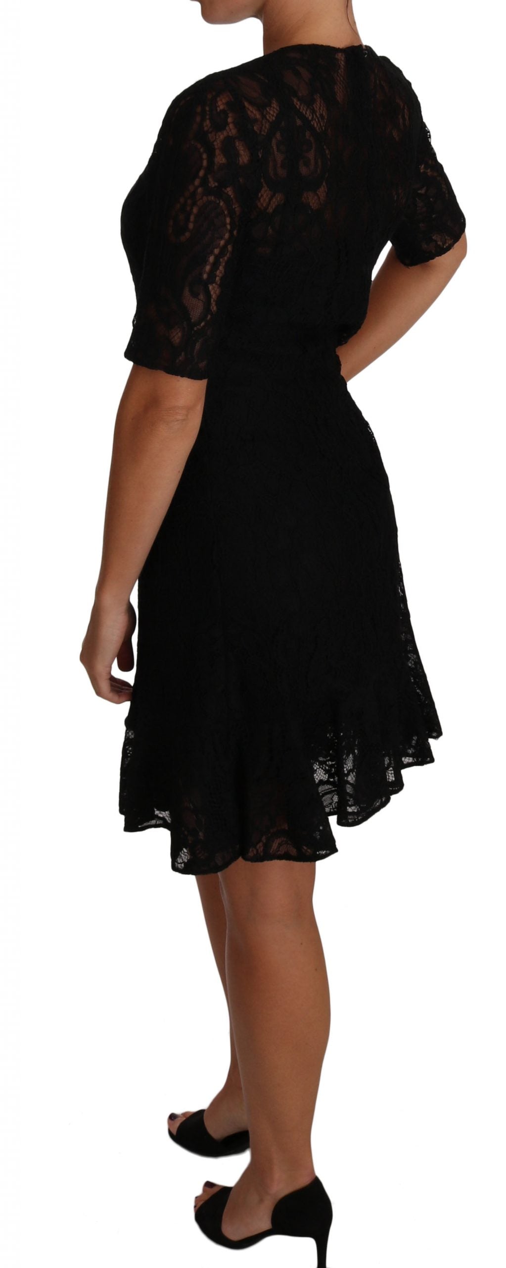 Black Floral Lace Sheath Short Sleeves Dress