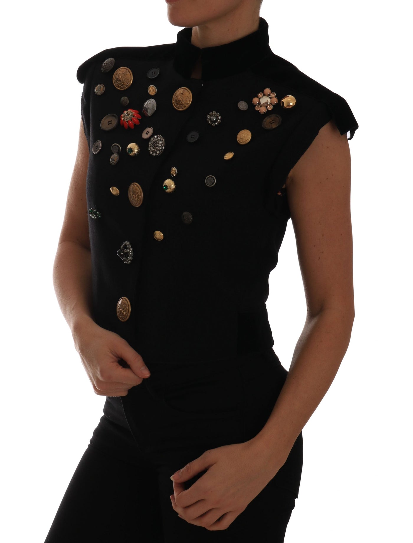 Black Embellished Floral Military Jacket Vest