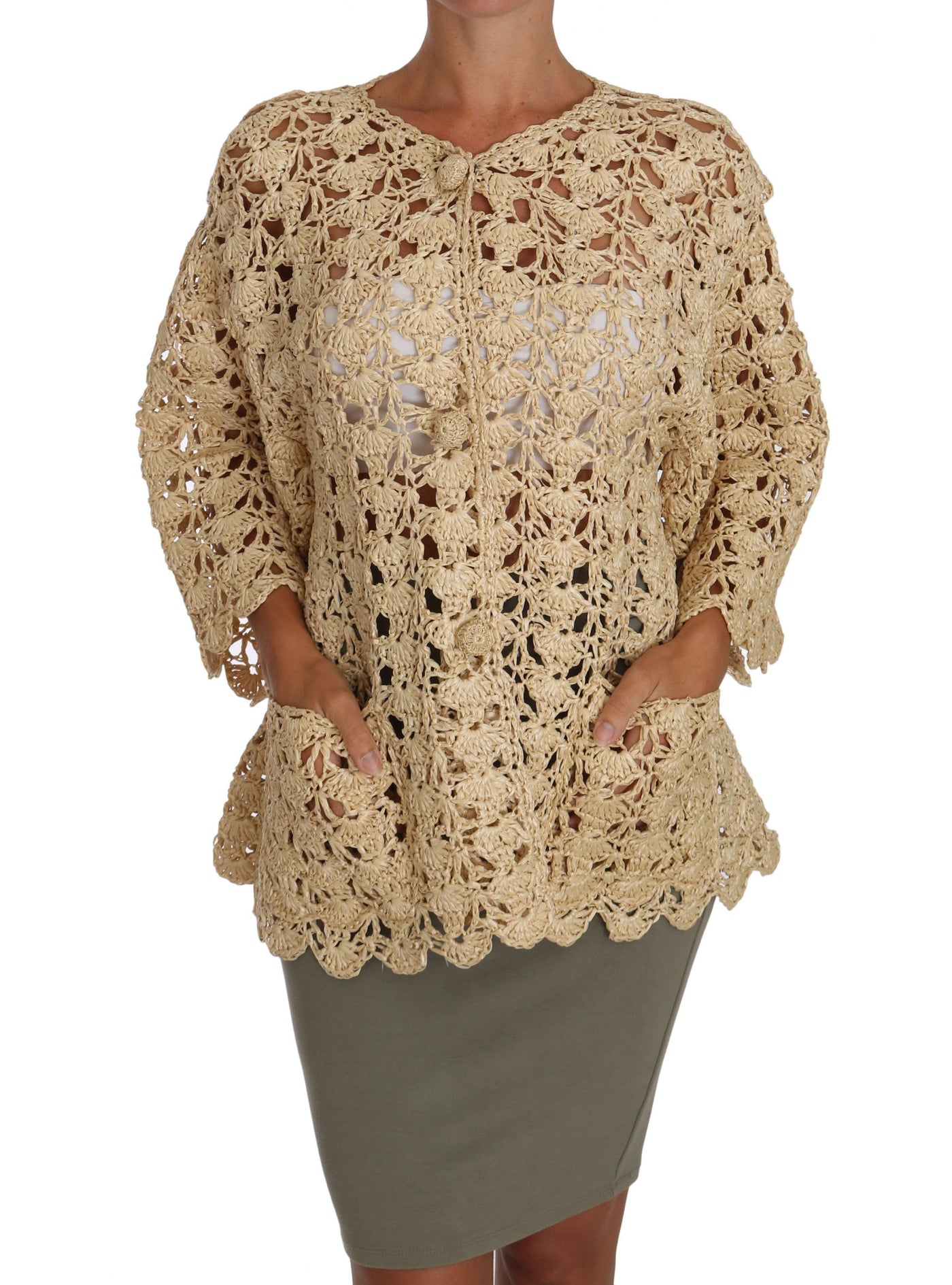 Beige Cardigan Crochet Knitted Raffia Sweater