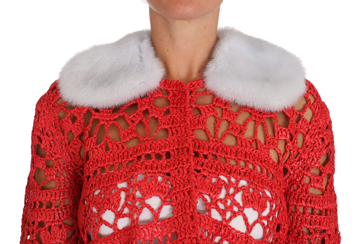 Red Cardigan Crochet Knit Raffia Sweater