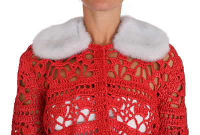 Red Cardigan Crochet Knit Raffia Sweater