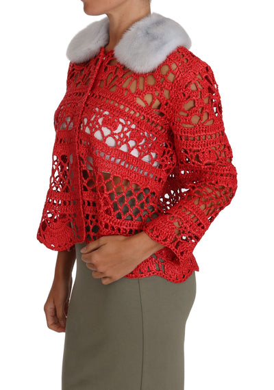 Red Cardigan Crochet Knit Raffia Sweater