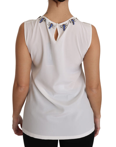 White Silk Embellished Crystal Dragonfly Top