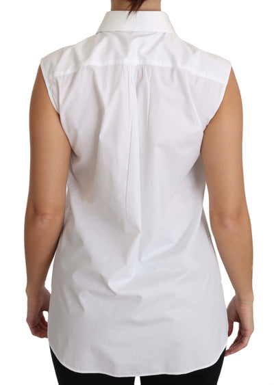 White Cotton Collar Down Sleeveless Blouse Shirt