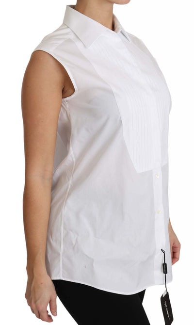 White Cotton Collar Down Sleeveless Blouse Shirt