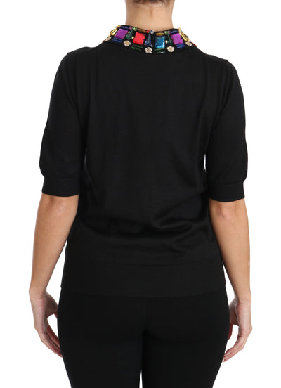 Black Cashmere Crystal Collar Top T-Shirt