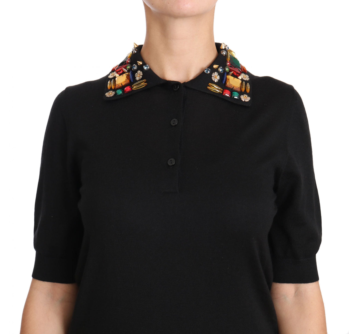 Black Cashmere Crystal Collar Top T-Shirt