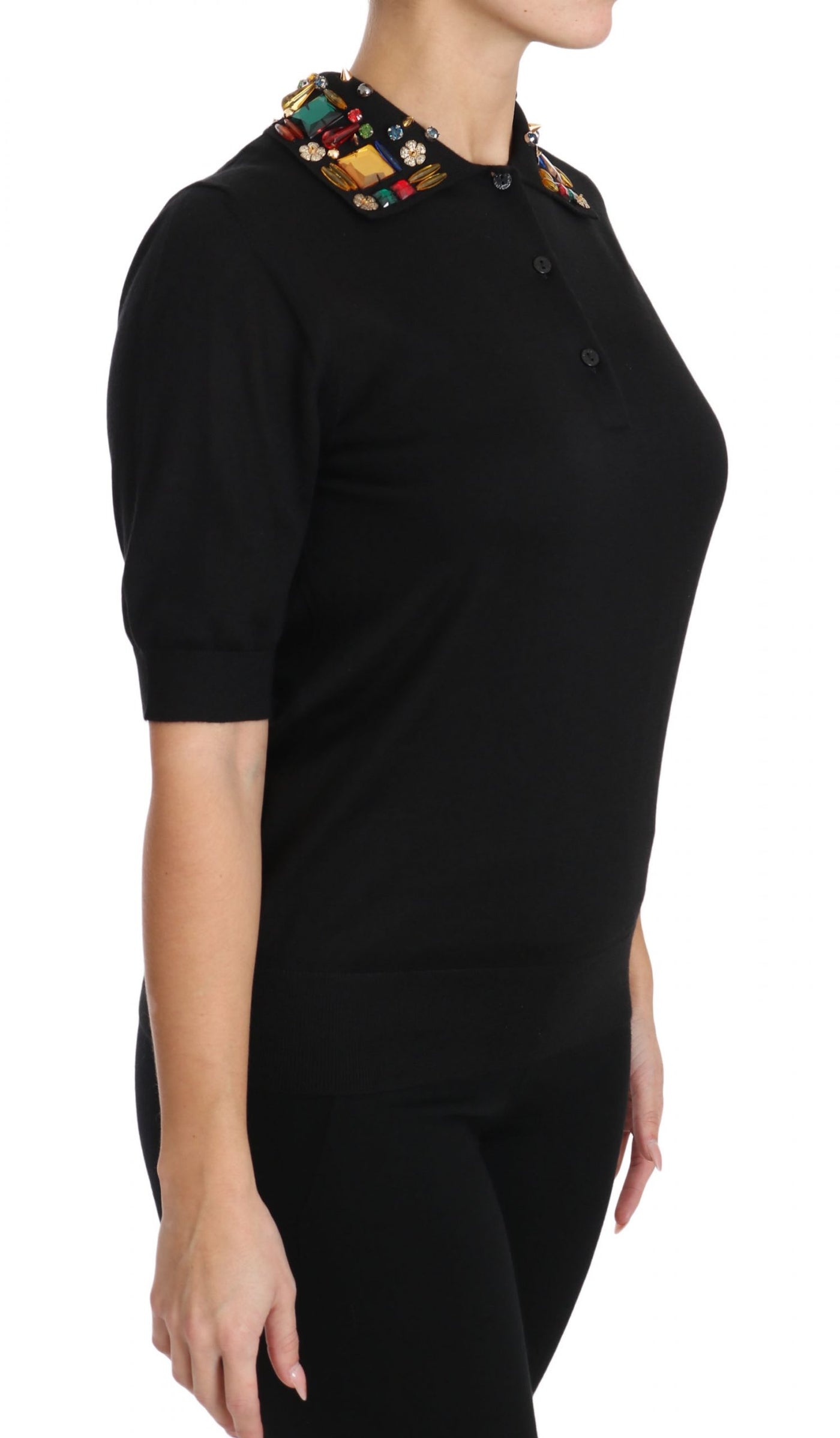 Black Cashmere Crystal Collar Top T-Shirt