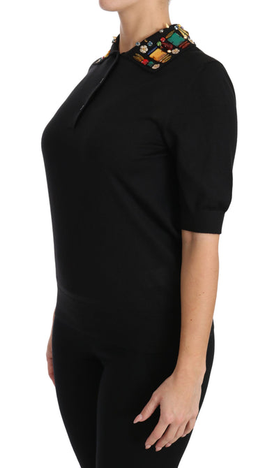 Black Cashmere Crystal Collar Top T-Shirt